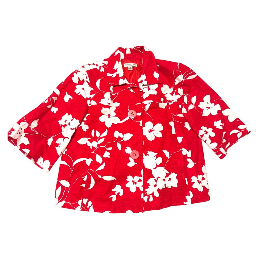 Coldwater Creek Red White Floral Jacquard Button Front Swing Jacket Size 12